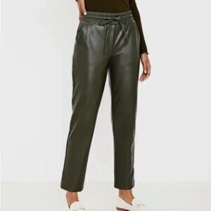 LOFT Women's Olive Green Faux Leather Cropped Pants, Drawstring Waist, Size M